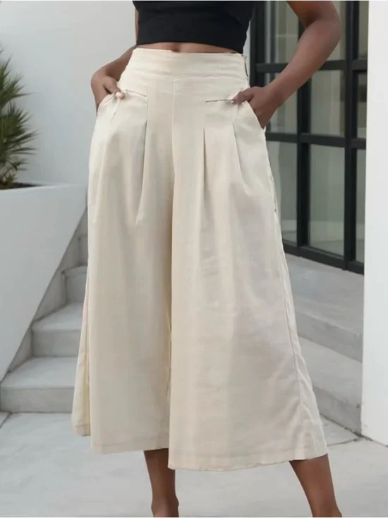Cream High-Waist Wide-Leg Cropped Pants - Picture 1 of 5